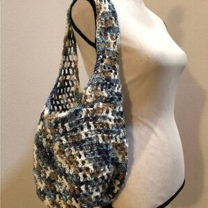Handmade Crochet Shoulder Bag - Blue and Brown market bag new